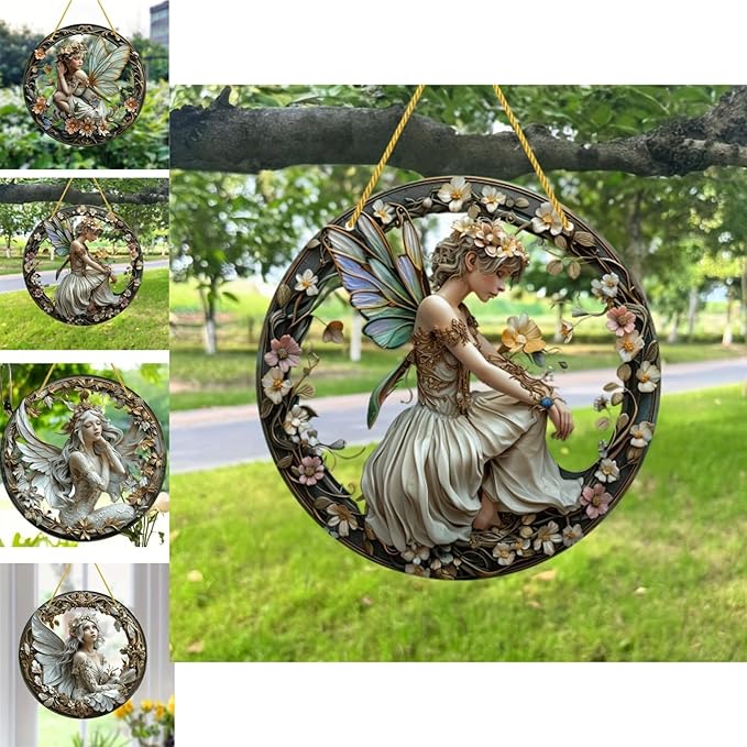 Flower Fairy Garden Decorations Angel Wing Christmas Halloween Deco Statue Art Elf Sculpture Hanging Craft for Outdoor Yard Courtyard Lawn Patio Window Acrylic Ornament Home Gift (B,S: 6*6 IN)-Ruum Studio Home