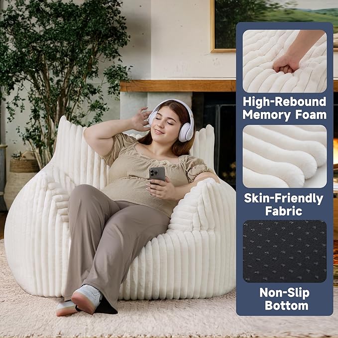 Oversized Bean Bag Chair for Adults, Giant Comfy Plush Boneless Bean Bag Couch with Filler for Kids - Reading Chair for Living Room, Bedroom & Dorm, Single Accent Chair Floor Lounger, Beige-Ruum Studio Home