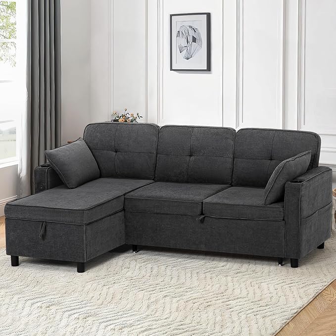 84 Inches Fabric Sectional Sofa w/Pull Out Sofa Bed & Adjustable Back, Tufted L Shaped Couch w/Storage Chaise, Sleeper Sectional Sofa w/USB Port & Cup Holders for Living Room, Grey-Ruum Studio Home