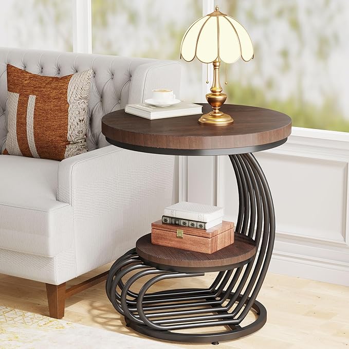 Tribesigns Round End Side Table: Side Table with 2 Tiers Storage Shelves, Vintage End Table for Living Room, Small Bedside Table Accent Table with Arc-Shaped Frame, Rustic Brown-Ruum Studio Home