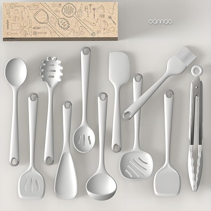 Thickened Silicone Kitchen Utensils Set, 600°F Heat Resistant Silicone Cooking Utensils, Spatula, Spoon, Whisk, Tongs, Kitchen Gadgets for Nonstick Cookware, Dishwasher Safe BPA Free (Cream White)-Ruum Studio Home
