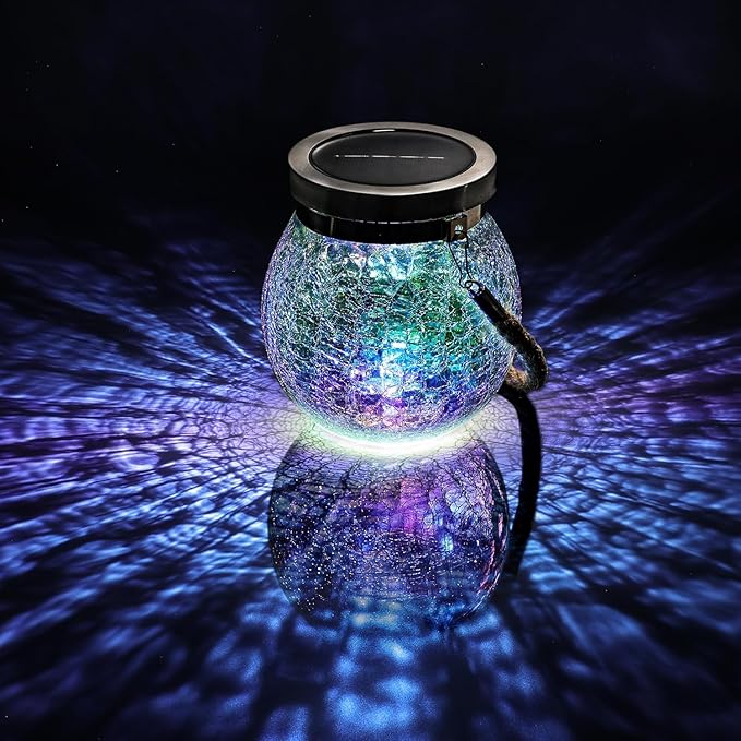 Cooo 2 Pack Solar Lantern Outdoor Waterproof Iridescent Crackle Glass with 215% Larger Solar Panel, Stainless Steel Lid – Rainbow Glass Hanging Light with Cool White LED for Garden Patio Table-Ruum Studio Home
