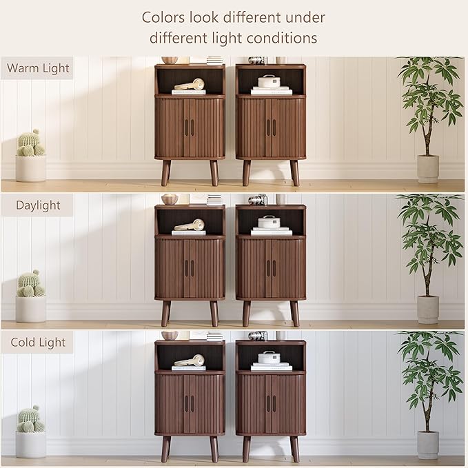 Alohappy Fluted End Table Set of 2, Mid Century Modern Nightstand with Sliding Tambour Door, Curved Round Edge Wood Bedside Table for Bedroom, Side Tables with Storage for Living Room, Walnut-Ruum Studio Home