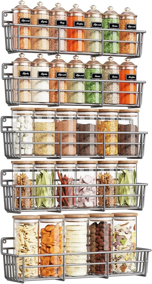 5 Pack Spice Rack Seasoning Organizer Wall Mount, Screw or Adhesive Hanging Shelf Basket Spice Organizer Shelf for Kitchen, Gray-Ruum Studio Home