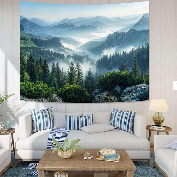 AMM Nature Forest Mountain Tapestry Green Misty Pine Tree Tapestry for Bedroom Aesthetic Foggy Woodlands Sky Landscape Tapestries Wall Hanging for Living Room Dorm 48 x 36 Inch-Ruum Studio Home