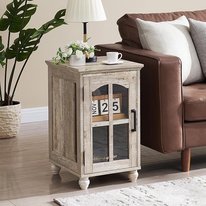 Narrow Side Table Set of 2,Farmhouse Nightstand with Charging Station,End Table with Glass Barn Door Storage, Cabinet Organizer with Adjustable Shelf, Night Stand for Small Spaces Living Room Bedroom-Ruum Studio Home