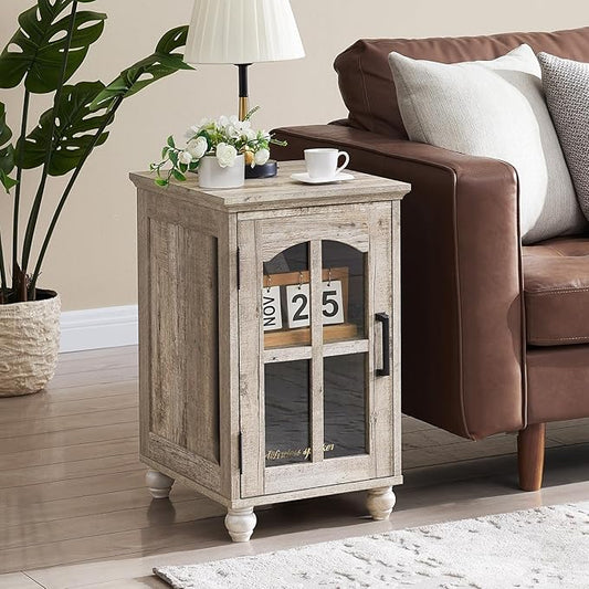 Narrow Side Table,Farmhouse Nightstand with Charging Station,Wood End Table with Glass Barn Door Storage, Cabinet Organizer with Adjustable Shelf, Night Stand for Small Spaces for Living Room Bedroom-Ruum Studio Home