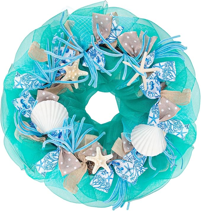 26 Inch Coastal Seashell Large Wreath with Natural Starfish & Scallops Shell, Lake Blue Beach Style Front Door Wreath with for Spring Summer, Farmhouse Rustic Indoor Outdoor Home Wall Wedding Decor-Ruum Studio Home