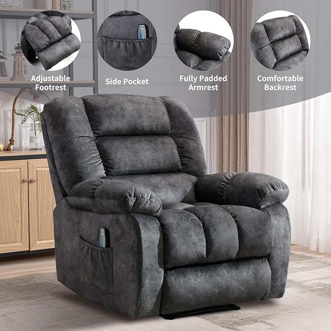 Massage Recliner Chair with Heat and Massage, Soft Fabric Ergonomic Manual Reclining Chairs, Heavy Duty Reclining Sofa Chair with Side Pockets for Living Room (D-Grey)-Ruum Studio Home