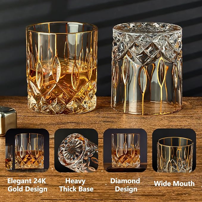 Gold Rim Whiskey Glasses Set of 2,Crystal Old Fashioned Glasses-Luxury Gold Collection,Perfect for Scotch Bourbon Rocks Cognac Vodka Gin Tequila Rum Liquor,Whiskey Gifts for Men-Ruum Studio Home
