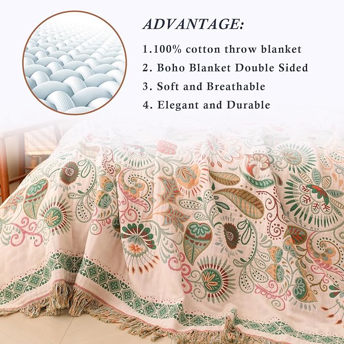 Snycler Cotton Bed Throw with Tassels, Double-Sided Bohemian Spring Flowers Plants Throws for Sofas, 60x80 inch Woven Warm Blanket for Single Sofa, Bedspread and Settee Couch Travel Green-Ruum Studio Home