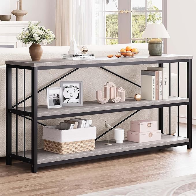 LVB Extra Long 3-Tier Sofa Table, Industrial Console Table with Storage Shelf, Modern Rustic Wood Metal Narrow Entryway Table, Skinny Behind Couch Table for Foyer Living Room Bedroom, Light Grey, 70In-Ruum Studio Home