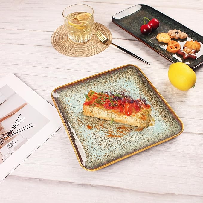 Ceramic Dinner Plates Dish Set,Set of 4,for Lunch snacks -Microwave Oven & Dishwasher Safe,Scratch Resistant,Dinnerware Kitchen Porcelain Serving Dishes,9 inch Square-Ruum Studio Home