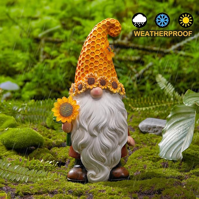 Garden Gnomes Outdoor - Sunflower Gnome Statue with Solar LED Lights for Yard, Patio, Lawn Ornaments - Best Garden Gifts for Mothers Day, Housewarming, Festival-Ruum Studio Home
