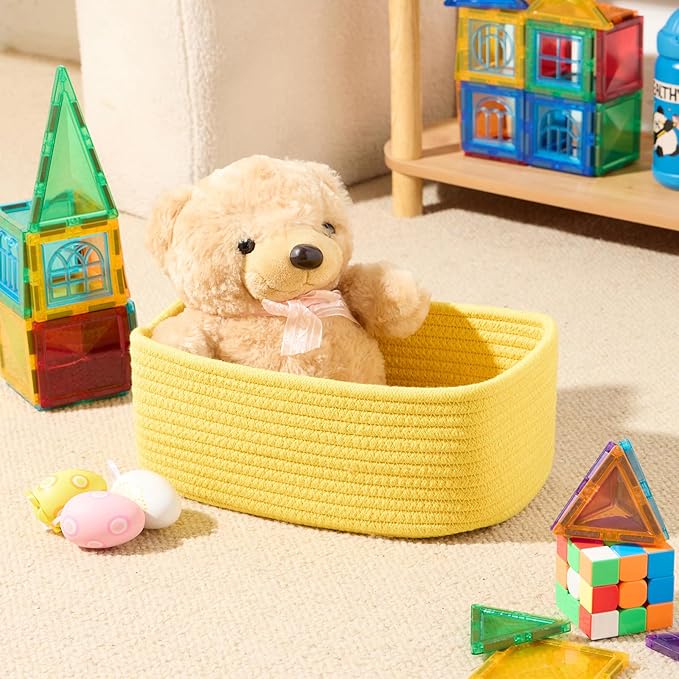 Small Storage Baskets for Organizing | Closet Organizer Bins | Shelf Toy Basket | Woven Rope Baskets | Cube Decorative Box | Shallow Basket | 11.5x7.5x4.7” | 3 Packs Yellow-Ruum Studio Home