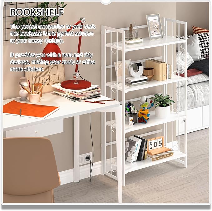 4NM No Assembly 4 Tiers Folding Bookshelf, 47.2" H Foldable Storage Shelves Vintage Bookcase Standing Racks Study Organizer Home Office - All White-Ruum Studio Home
