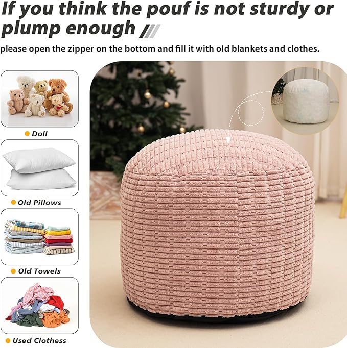 Round Stuffed Pouf Ottoman for Foot Rest, Storage Ottoman Pouf Foot Stool Cushion, Faux Fur Poufs with Foam Chunk Filling, 26 X 18 Inch Floor Chair for Living Room Bedroom Home Decor, Pink-Ruum Studio Home
