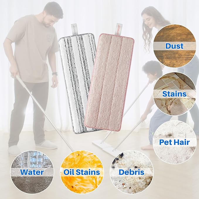 JOYMOOP Mop Replacement Pads, Reusable Microfiber Mop Pads for 13-inch Flat Mop and Mop Bucket Set, Pack of 4 Refills - Stripe and Pink-Ruum Studio Home