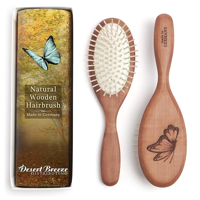 Desert Breeze Natural Wood Bristle Hair Brush, Gentle Scalp Massage, Pear Wood Handle, Made in Germany, For All Hair Types, Rounded Wooden Pins, Anti-Static-Ruum Studio Home