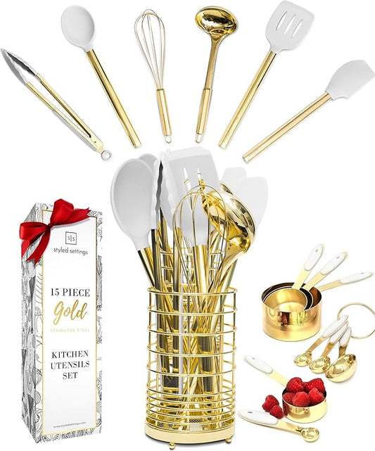 Styled Settings White and Gold Kitchen Utensils Set - 15-Piece BPA free, Non-Scratch, Utensils Set Includes White Silicone Cooking Utensils and Measuring Cups and Spoons-Ruum Studio Home