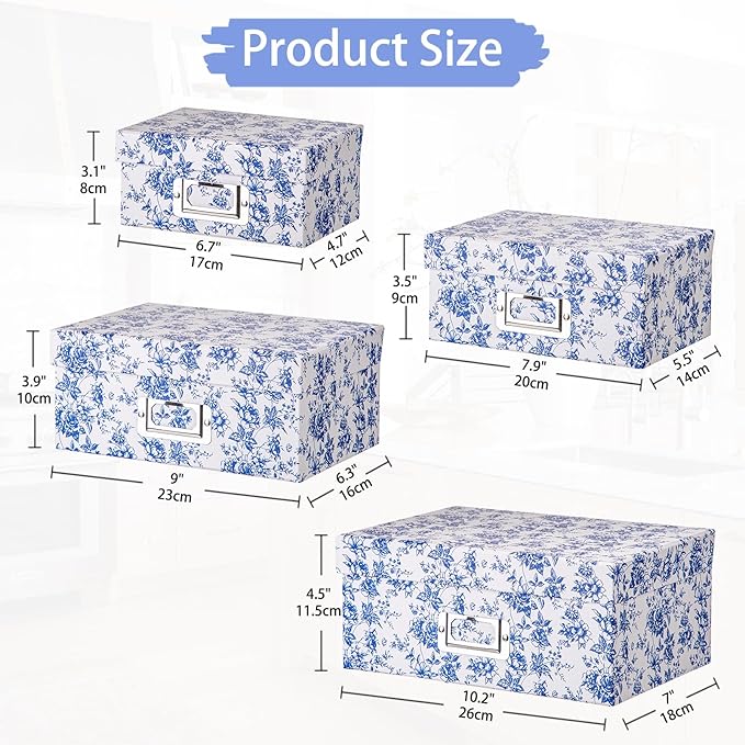 Briful Blue and white Porcelain Storage Boxes, Photos Storage Boxes with Lids 4 in 1 Set Water-proof Gift Boxes Sets Decorative Multiple Size Storage Bins for Clothes/Shoes/Office/Cosmetic/Books-Ruum Studio Home