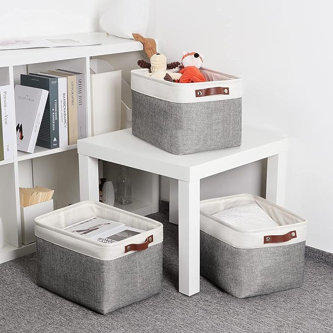 DULLEMELO Storage Baskets for Organizing, Rectangular Fabric Storage Bins Collapsible, Perfect for Shelves, Closets, Empty Gift Baskets (3-Pack Medium-15 inch X 11 inch X 9.5 inch , White&Grey)-Ruum Studio Home