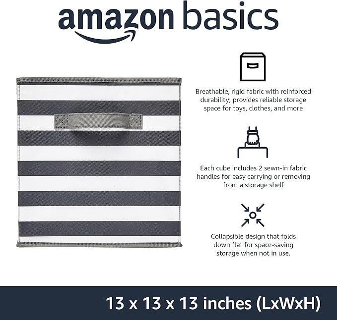 Amazon Basics Cube Organizer Storage Bins Handles, Collapsible Fabric, Pack of 6, 13"x13"x13", White/ Light Grey Stripe-Ruum Studio Home