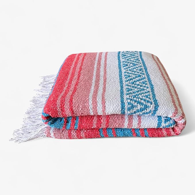 Traditional Handwoven Mexican Blanket, Large Falsa Serape - Soft & Durable - Vibrant Beach, Picnic, Yoga & Camping Mat - Lightweight Boho Throw 70"x50" (Flame)-Ruum Studio Home