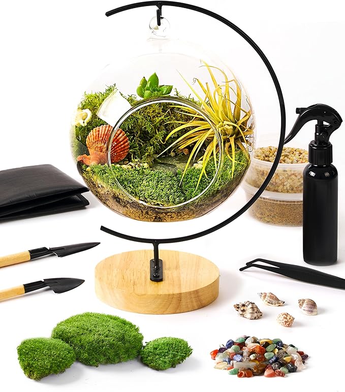 15-Piece Terrarium Kit with Live Moss – DIY Glass Globe Set with Tools, Soil, Stones & Spray Bottle – Indoor Mini Garden Gift for Plant Lovers, Home Decor & Zen Craft-Ruum Studio Home