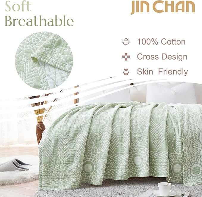 jinchan Boho 100% Cotton Blanket Muslin Lightweight Twin Size Throw Blanket Reversible for Couch Soft Cozy All Season 3-Layer Throw Coverlet Blanket for Bedroom Living Room Decor Green 60x80 Inches-Ruum Studio Home