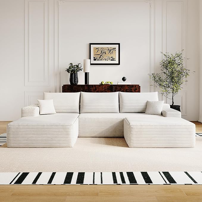 108" Sectional Couches for Living Room Modern Modular Sofa with L-Shape Couchs Upholstered Boneless Couch Deep Seat Sectional Couch with Chaise (White, Left Facing Chaise+2Seaters+1Ottoman)-Ruum Studio Home