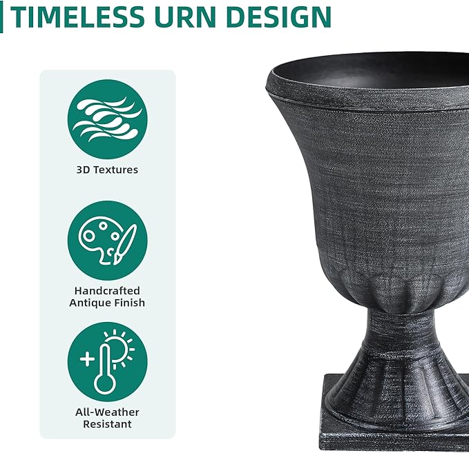 22" Timeless Urn Planters for Outdoor Plants, Set of 2 Plastic Large Flower Pot with Handmade Washed Black Finish, Weather-Resistant for Porch, Garden, Patio or Indoor Use-Ruum Studio Home
