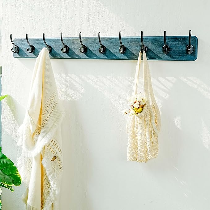 Dseap Coat Rack Wall: 38-1/4" Long, Patented, Heavy-Duty, 10-Double-Hooks Wooden Wall Mounted Coat Rack Coat Hanger Hook Rail for Winter Coats Hat Jacket Clothing, Weathered Blue-Ruum Studio Home