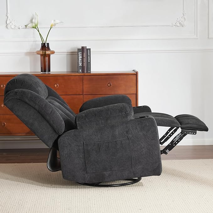 Rocker Swivel Recliner Chair for Adults, Overstuffed Large Manual Recliner Glider with Massage and Heat, Comfy Soft Fabric Living Room Reclining Sofa Chair (Black Fabric)-Ruum Studio Home