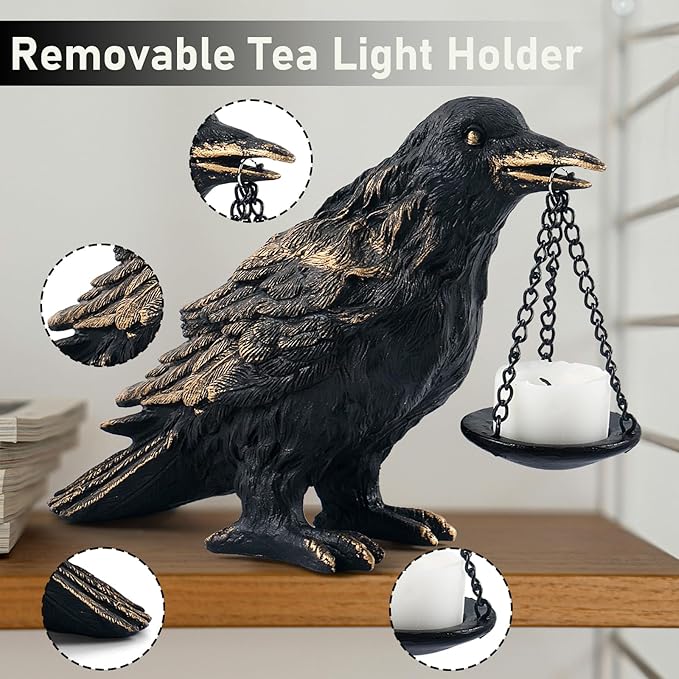 Raven Gothic Home Decor Fake Crow Light Holder Raven Lamp Tealight Candle Holder Resin Raven Statue Wearing Gold-Ruum Studio Home
