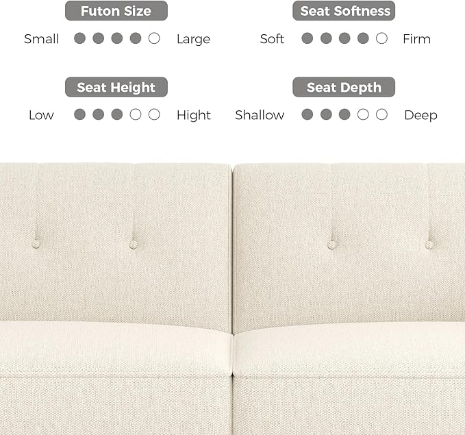 89” Futon Sofa Bed, Linen Comfy Futon Couch Bed with 2 Square Pillows, Convertible Sleeper Sofa with Adjustable Backrest& Armrests, Modern Loveseat Sleeper for Living Room, Bedroom, White-Ruum Studio Home