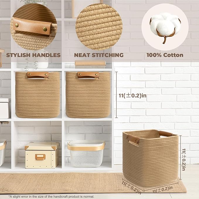 danpinera 3 Pack 11 Inch Woven Baskets for Storage, Stylish Storage Baskets for Shelves, Laundry, Bathroom, Kitchen, Cube Storage Bin, Cotton Rope Boho Baskets, Jute-Ruum Studio Home