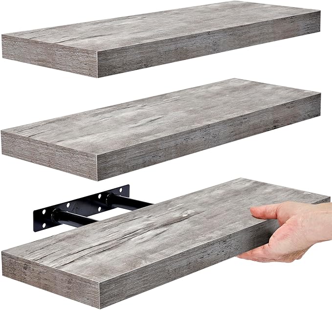 Sorbus Floating Shelves for Wall, Bathroom Shelves Wall Mounted for Kitchen, Bedroom, Bathroom Storage Over Toilet, Hanging Book Shelf for Wall Home Decor Living Room (Gray, 3 Pack)-Ruum Studio Home