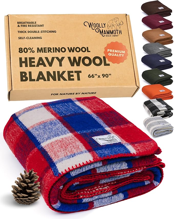 Woolly Mammoth Woolen Company Merino Wool Camping Blanket - 66 × 90 in, Red/White & Blue Plaid - 80% Merino Wool Heavyweight Outdoor Throw Blanket - Insulating for Picnic & Travel-Ruum Studio Home