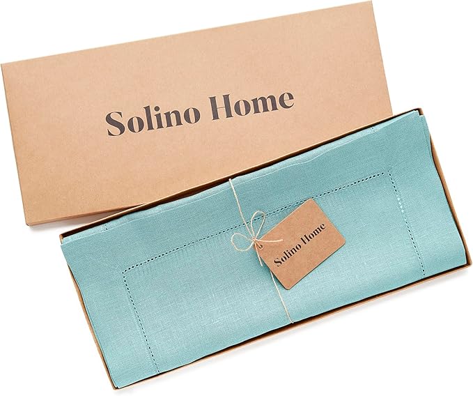 Solino Home Linen Aqua Blue Table Runner 120 Inches Long - 100% Pure Linen Hemstitch 14 x 120 Inch Table Runner for Dining - Classic Hemstitch-Ruum Studio Home