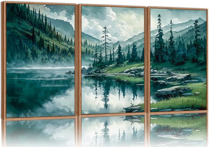 Tinonedraw Large Nature Forest Framed Canvas Wall Art Set, Boho Mountains Calming Lake Wall Decor, Green Pine Trees Artwork, Northern Wilderness Art Painting for Living Room Bedroom Office 16"x24"x3-Ruum Studio Home