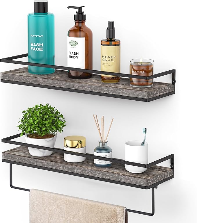 Meangood Floating Shelves Wall Mounted Set of 2, Wall Shelf with Towel Bar Rustic Wood Wall Storage Shelves for Bedroom,Living Room,Bathroom, Kitchen Pine-Ruum Studio Home
