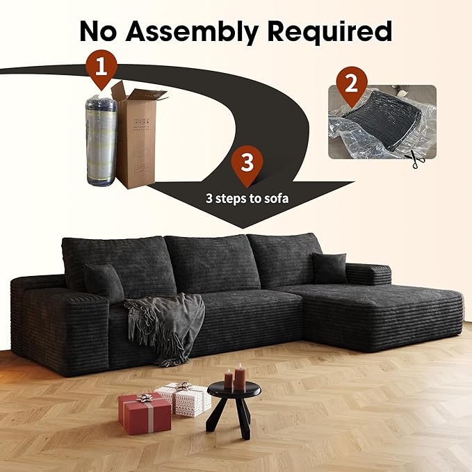 108" Sectional Couches for Living Room Modern Modular Sofa with L-Shape Couchs Upholstered Boneless Couch Deep Seat Sectional Couch with Chaise (Black, Right Facing Chaise+2Seaters)-Ruum Studio Home