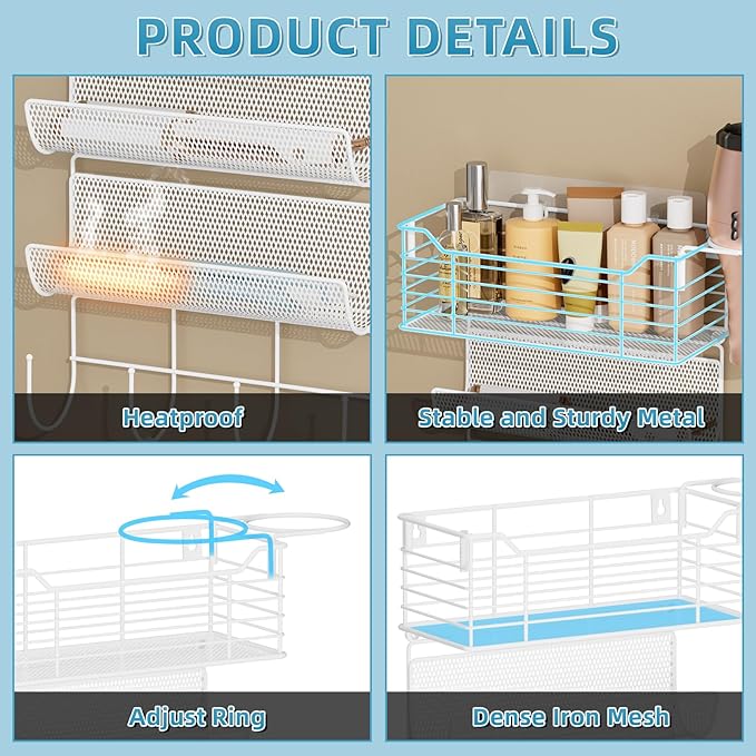 VITVITI Metal Hair Tool Organizer Wall Mount, Hair Dryer Holder with 4 Tier Shelf Basket Hooks, Bathroom Hairs Styling Tool Organizer for Curling Iron/Blow Dryer/Straightener, White-Ruum Studio Home