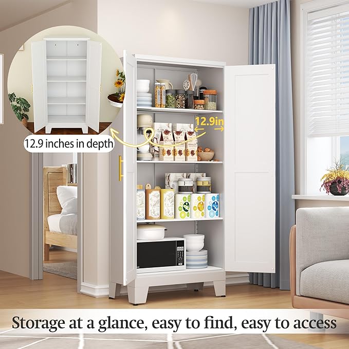 White Metal Storage Cabinet, 61" Steel Cabinets for Home Office, Kitchen Pantry Storage Cabinet with Doors and 3 Adjustable Shelves, Tool Cabinet, for Office, Home, Garage, School-Ruum Studio Home