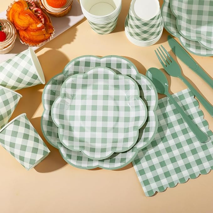 350 Pcs Sage Green Gingham Paper Plates and Napkins Party Supplies - Sage Green and White Checkered Plates Scalloped Plaid Plate for Birthday Dinner Picnic BBQ Party Decorations, Serve 50 Guests-Ruum Studio Home