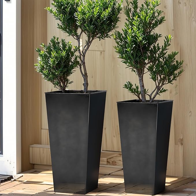KOL 25'' & 28'' Tall Glazed Planter with Saucer, Set of 2, Galvanized Steel Planter Metal Pots for Indoor & Outdoor Use, Decorative Flower Plant Pots with Drainage Hole for Porch, Patio, Deck - Black-Ruum Studio Home