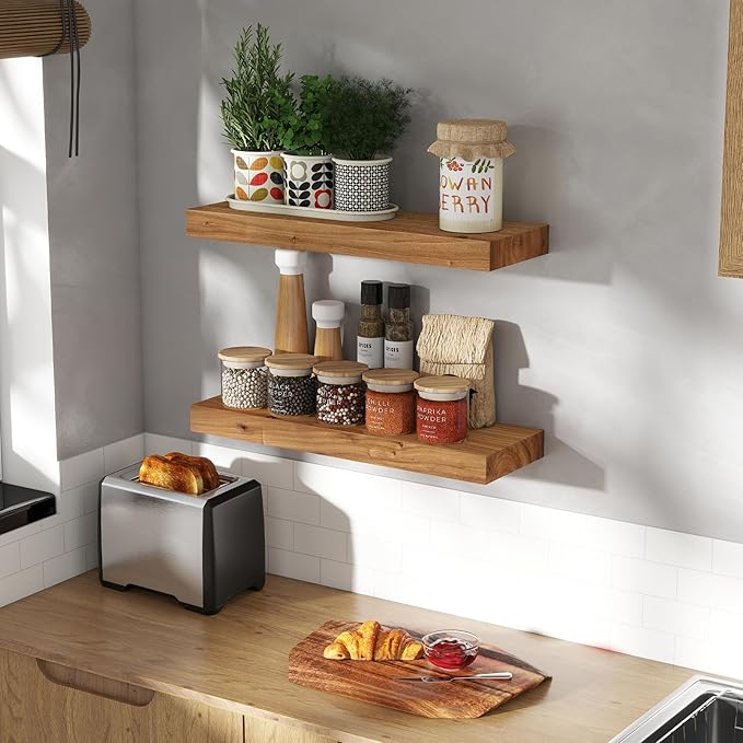 Wood Floating Shelves for Wall, 24" Floating Shelves Wall Mounted, Rustic Old Elm Wood Shelf for Home Decor, Heavy-Duty Storage Shelves for Books, Bathroom, Kitchen, Natural Color, Set of 2-Ruum Studio Home