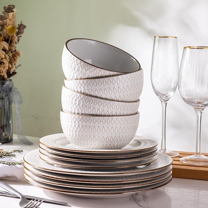 GBHOME Ceramic Dinnerware Sets,12 pcs Embossed Elegant Stoneware Plates and Bowls Sets, Housewarming Wedding Gift | Dishwasher & Microwave Safe | Dishes Set Service for 4-Ruum Studio Home