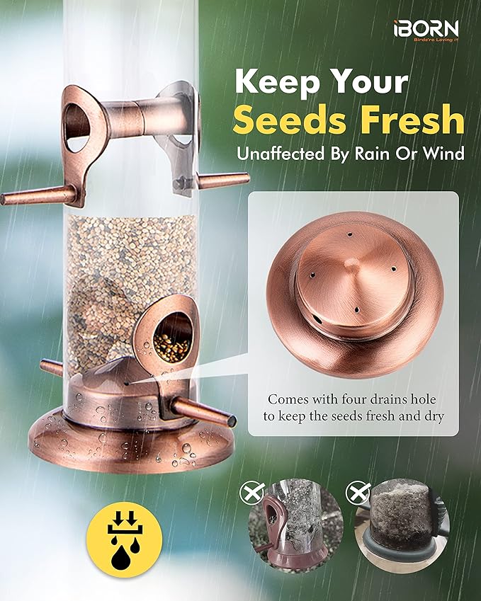 iBorn Metal Bird Feeders Metal Bird Feeder Copper for Outdoors Hanging All Metal Copper Finishing 14 Inch 4Port(Seed is not Included)-Ruum Studio Home